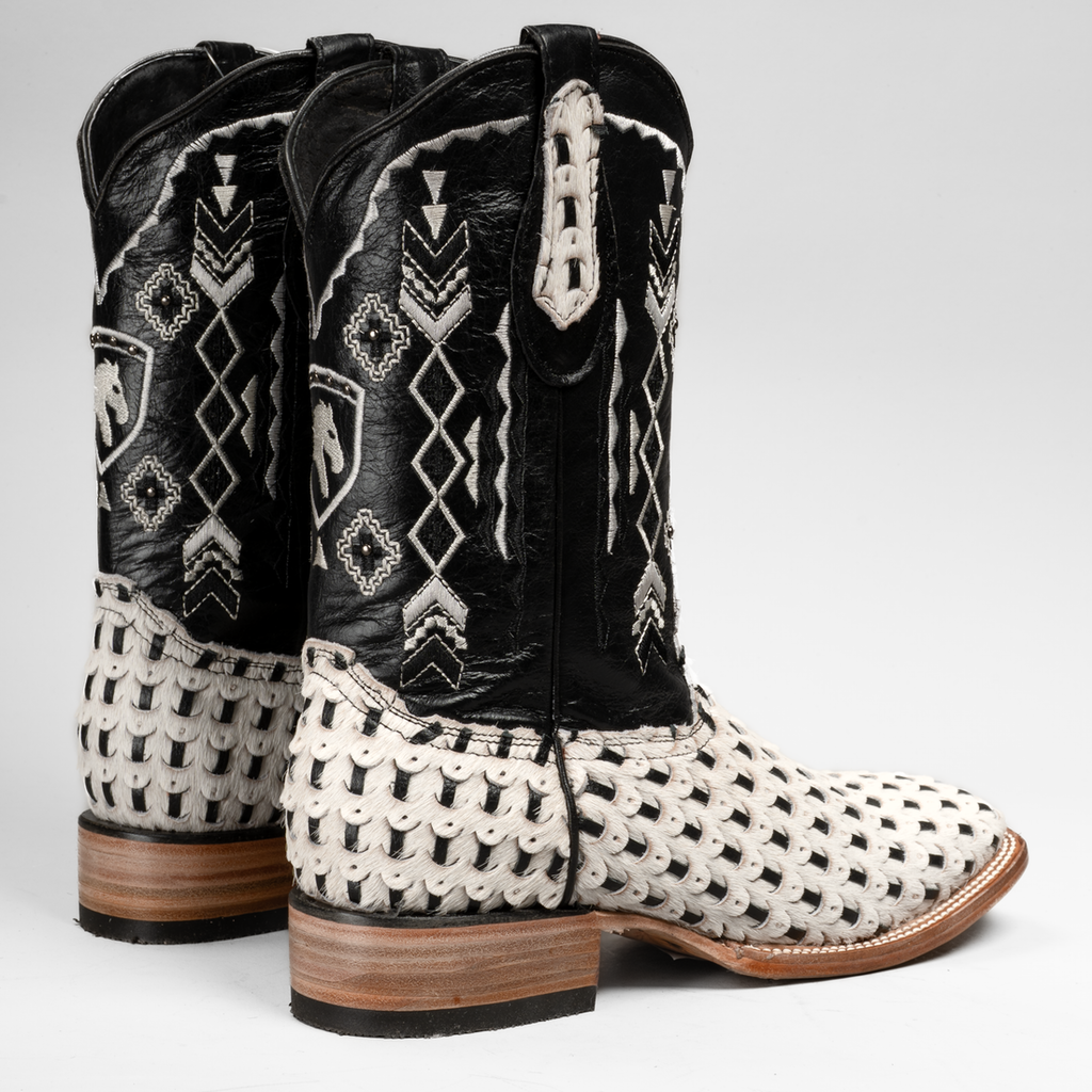 MEN'S BRAIDED LEATHER AND HAIR TRIBUTE SQUARE TOE BOOT (White)