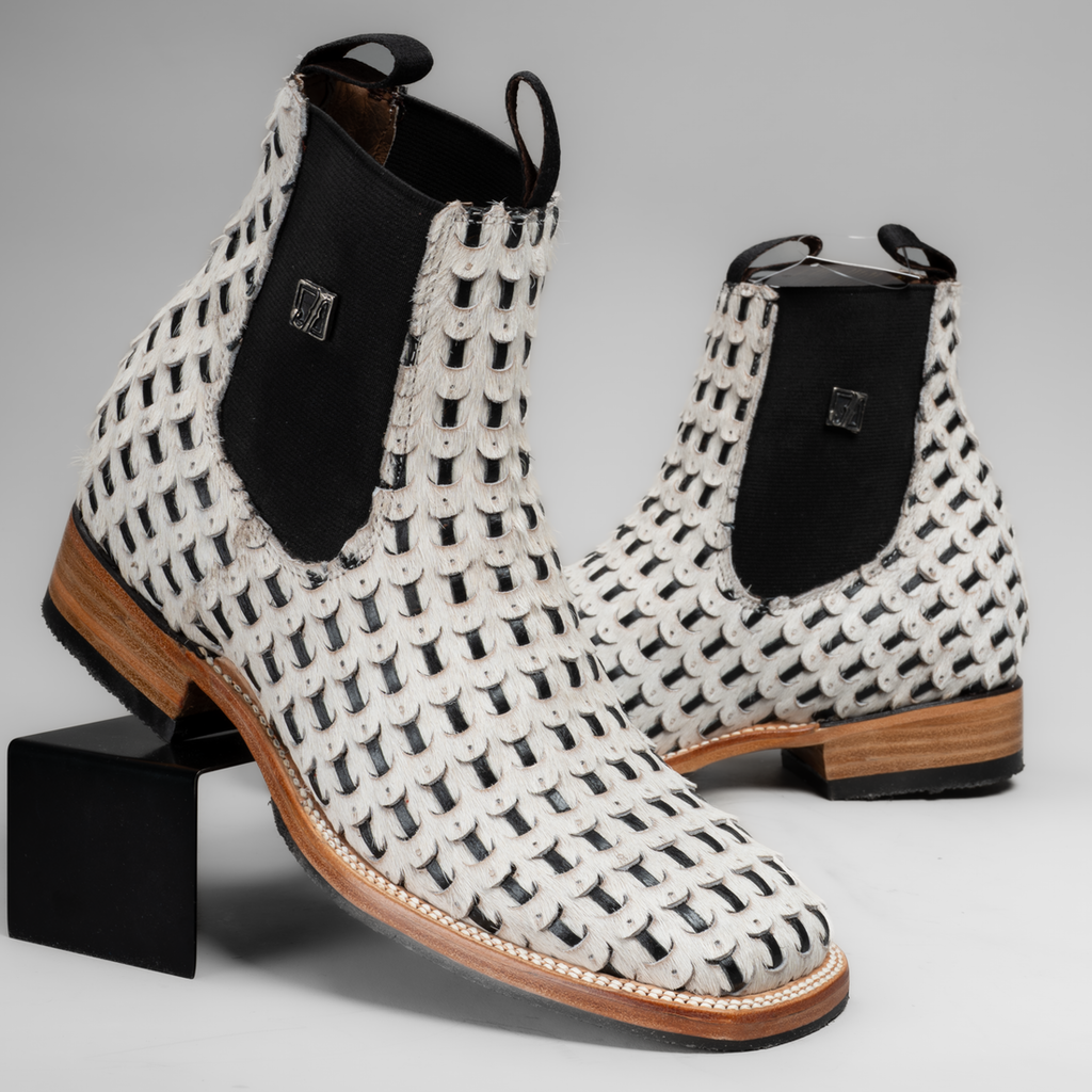 MEN'S BRAIDED LEATHER AND HAIR TRIBUTE SQUARE TOE ANKLE BOOT